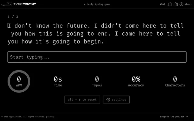 TypeCircuit #762, passage 1 of 3: a film quote to type above the input box, with WPM, time, typos, accuracy and characters counters