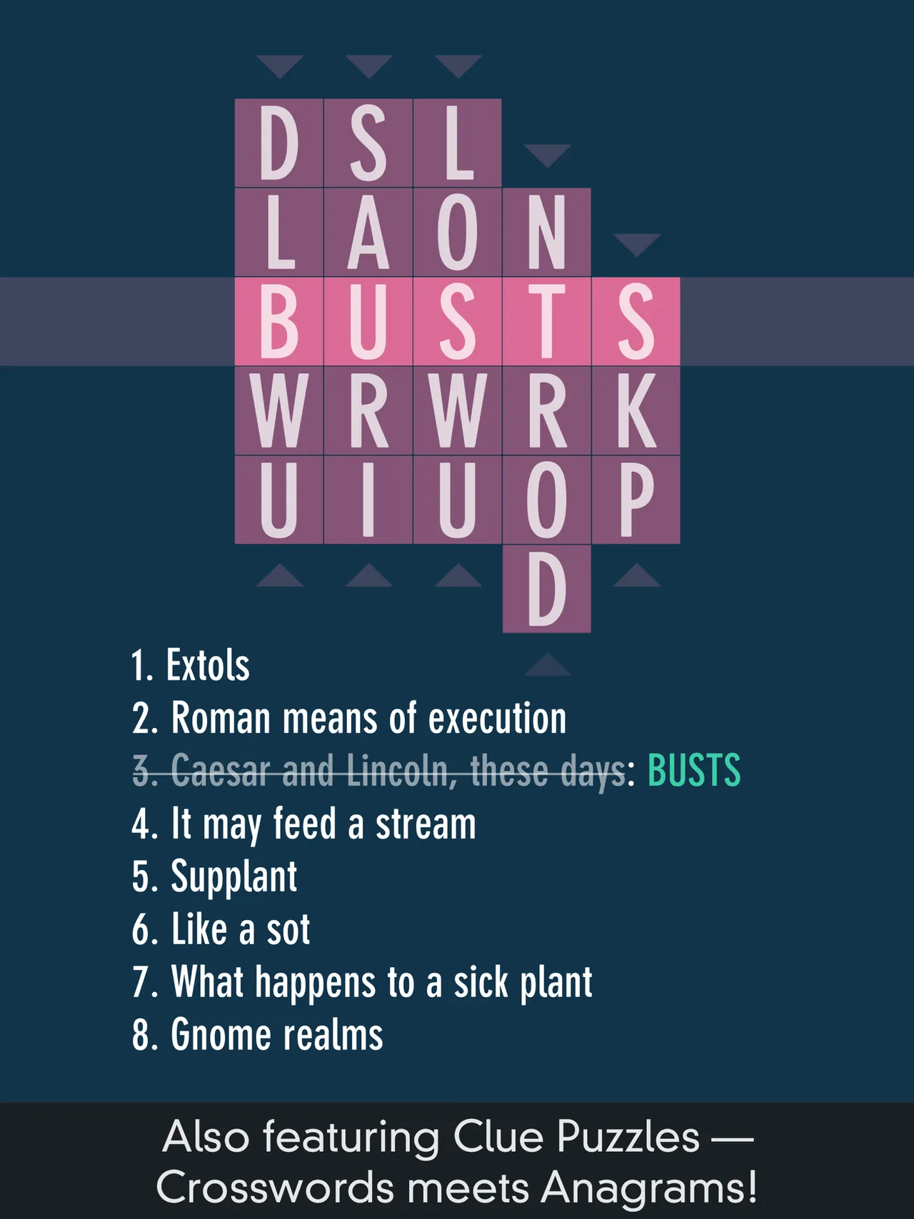 A Typeshift clue puzzle with BUSTS in the centre row and a list of crossword-style clues below the board