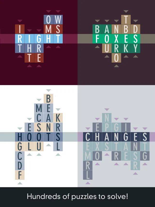 Four Typeshift puzzle boards in play, with RIGHT, FOXES, HOOTS and CHANGES spelled across the centre row of letter columns