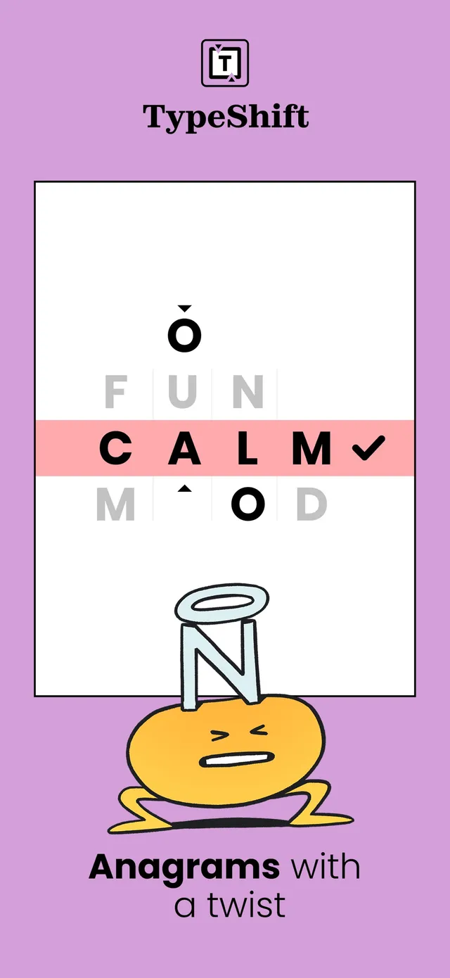 A Typeshift board spelling CALM across the centre row, from Puzzmo's App Store listing