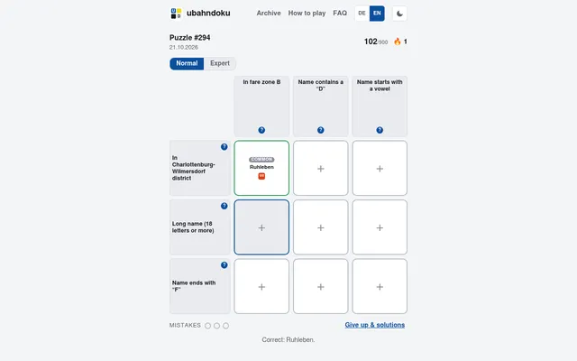 Ubahndoku puzzle #294 of 21 Oct 2026 in English at desktop size: a 3x3 grid with fare zone B, letter and vowel criteria, Ruhleben placed in the first cell