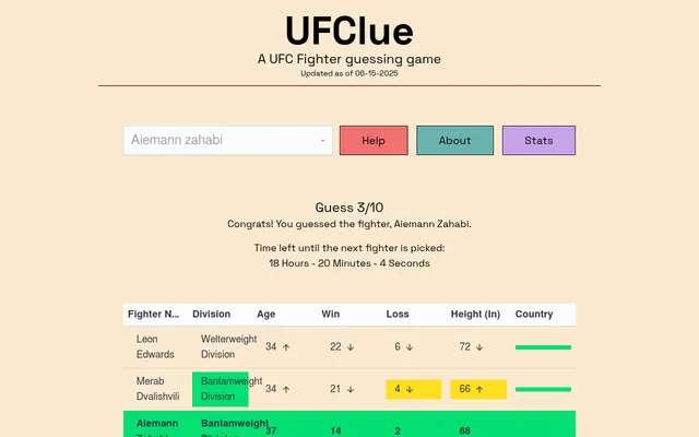 UFClue on 26 October 2026 solved in three guesses: rows for Leon Edwards, Merab Dvalishvili and the answer Aiemann Zahabi, with green and yellow cells, arrows and the countdown to the next fighter