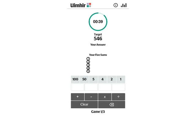 Uimhir game 1 of 3: a countdown clock at 0:39, the target 546, empty slots for five sums, the numbers 100, 50, 5, 4, 2 and 1 and the operation buttons