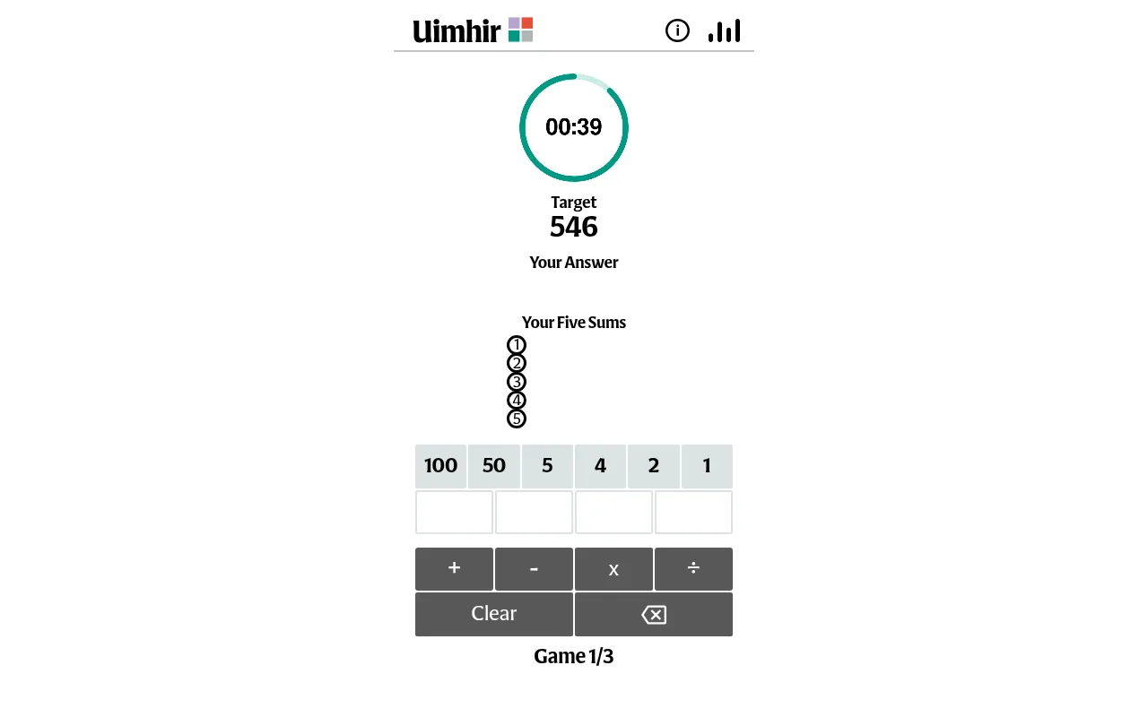 Uimhir game 1 of 3: a countdown clock at 0:39, the target 546, empty slots for five sums, the numbers 100, 50, 5, 4, 2 and 1 and the operation buttons