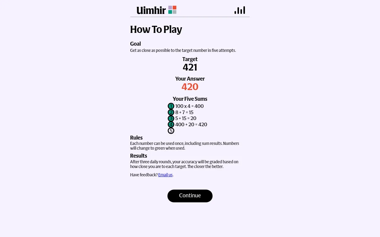 Uimhir's How To Play screen: a worked example reaching 420 against the target 421 in four sums, with the rules and the three daily rounds explained