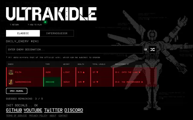 ULTRAKIDLE Classic, Daily Enemy #241: guesses Filth and Swordsmachine in the clue table, Machine type marked green, arrows on health, levels and first level, 3 of 5 guesses left