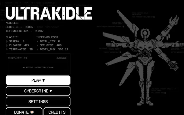 The ULTRAKIDLE home screen: the logo, Classic and InfernoGuessr modules marked ready with their stats, Play and Cybergrind buttons and a line drawing of a winged machine