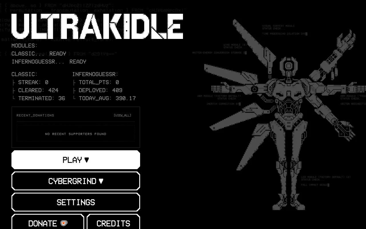 The ULTRAKIDLE home screen: the logo, Classic and InfernoGuessr modules marked ready with their stats, Play and Cybergrind buttons and a line drawing of a winged machine