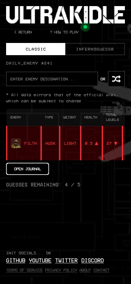 ULTRAKIDLE Classic at phone size: Daily Enemy #241 with one guess, Filth, in the clue table and 4 of 5 guesses left