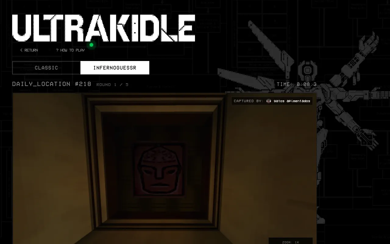 ULTRAKIDLE InfernoGuessr, Daily Location #218, round 1 of 5: a community screenshot of a dim ULTRAKILL corridor with a carved face panel, and the timer running