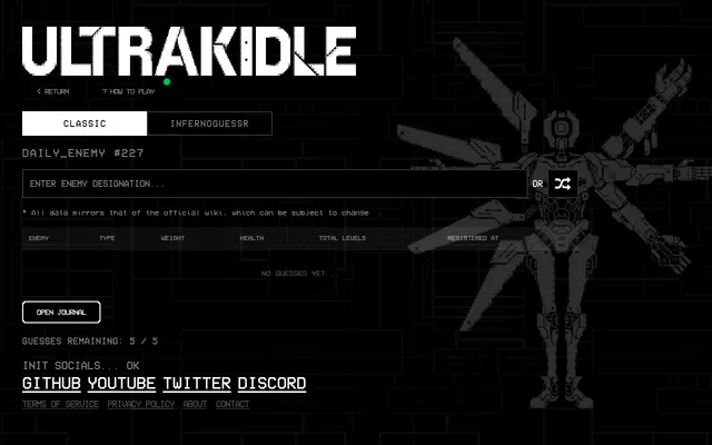 ULTRAKIDLE Classic, Daily Enemy #227: a box to enter an enemy, the empty clue table with Type, Weight, Health, Total Levels and Registered At columns, and 5 of 5 guesses left