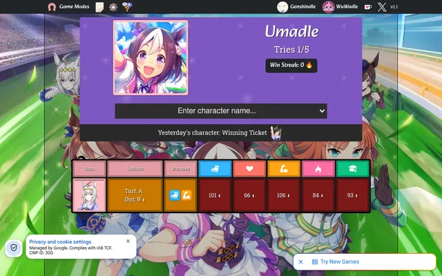 Umadle daily Statistics mode after one guess: Tries 1/5, yesterday's character Winning Ticket, and a row comparing Oguri Cap's surface, bonuses and five stats with arrows