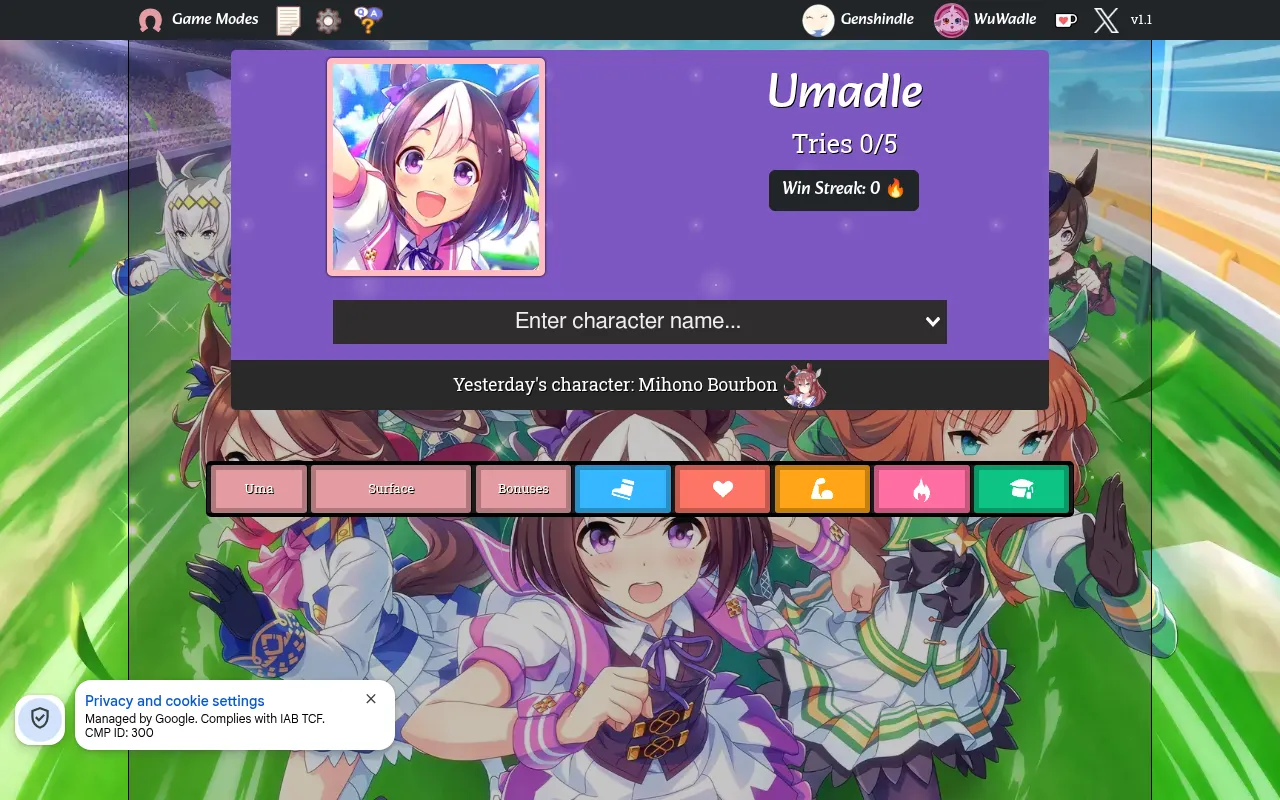 Umadle daily Statistics mode: a character portrait, Tries 0/5 and Win Streak 0, the character name box, yesterday's character Mihono Bourbon, and clue tiles for Uma, Surface, Bonuses and five stat ico