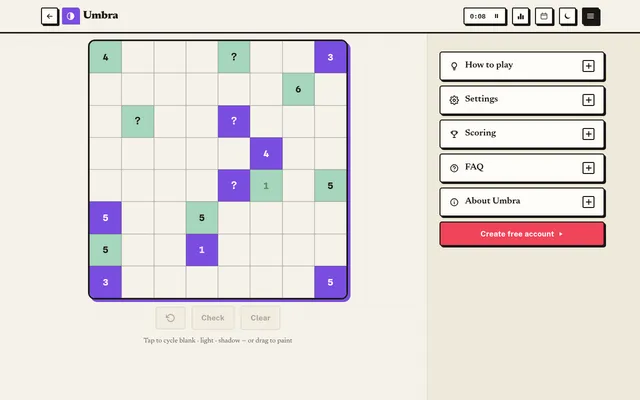 Umbra on Greatest Games: the day's 8x8 grid with numbered green light cells and purple shadow cells, some marked with a question mark, the rest blank to colour