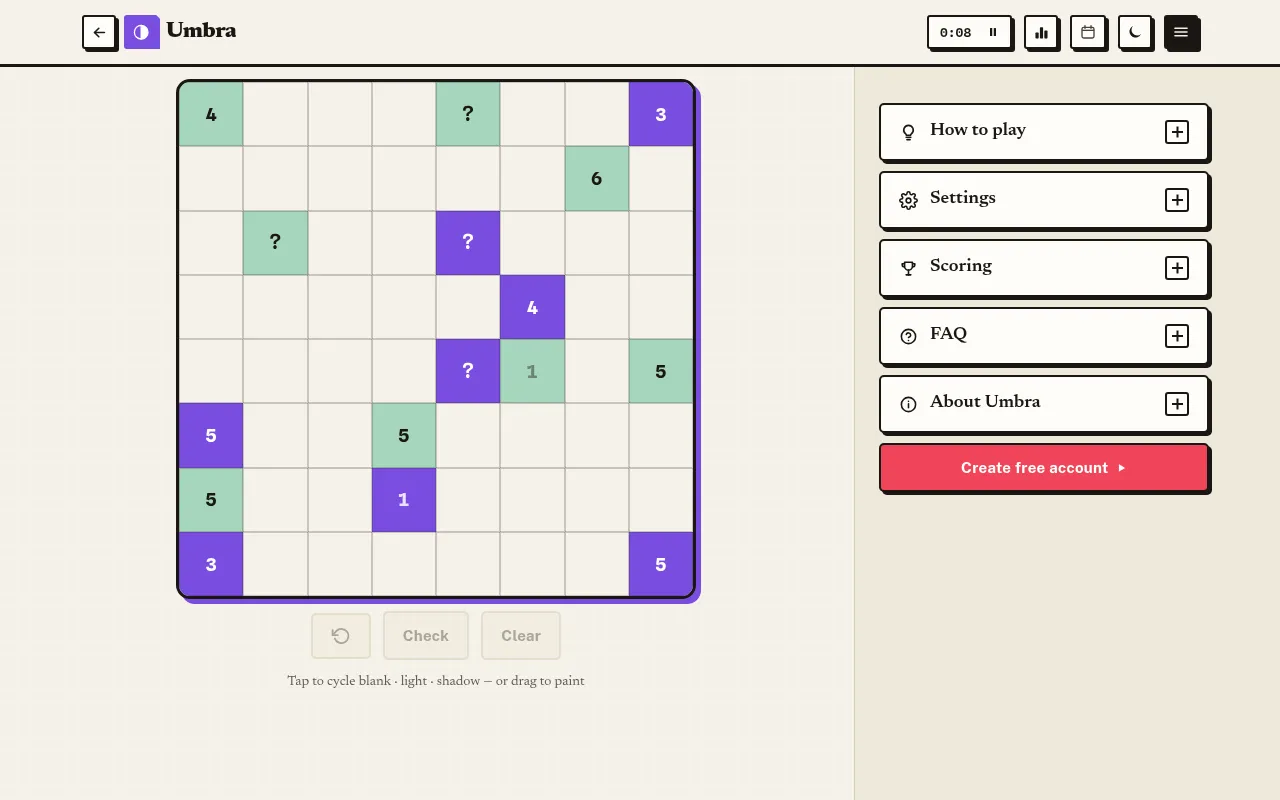 Umbra on Greatest Games: the day's 8x8 grid with numbered green light cells and purple shadow cells, some marked with a question mark, the rest blank to colour