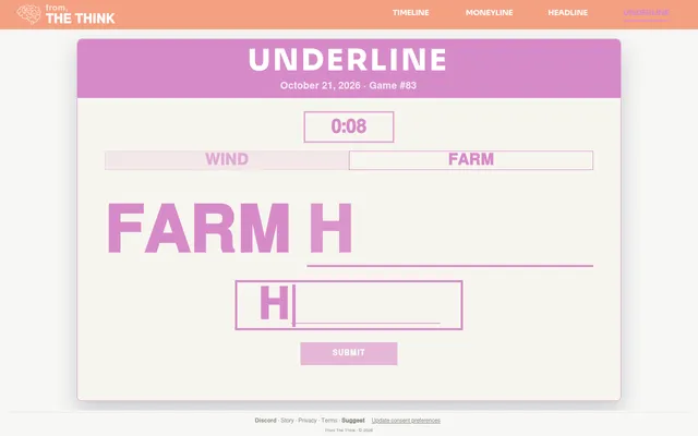 Underline game #83 for October 21, 2026 in play on a desktop: the route WIND then FARM, and the next link FARM H____ waiting to be typed, timer at 0:08