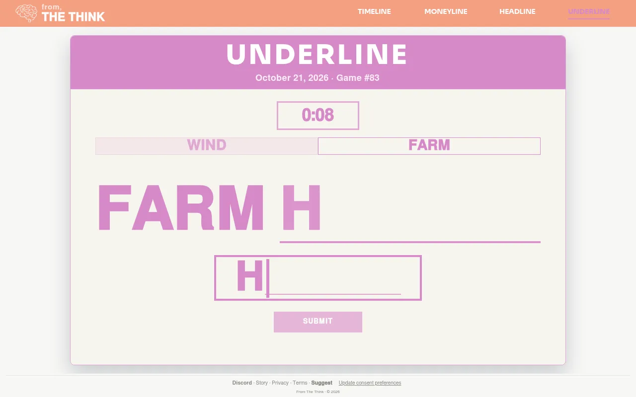 Underline game #83 for October 21, 2026 in play on a desktop: the route WIND then FARM, and the next link FARM H____ waiting to be typed, timer at 0:08