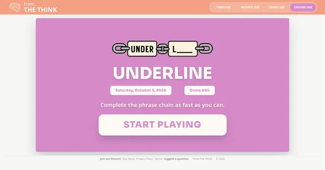 The Underline start screen for Saturday, October 3, 2026, Game #65, with the UNDER and L chain logo and a Start Playing button