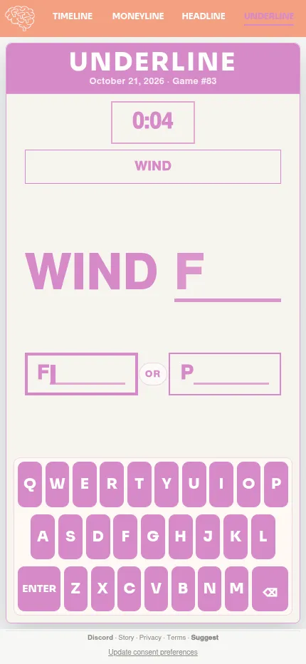 Underline game #83 on a phone: start word WIND, a choice of F____ or P____ for the next link, and the on-screen keyboard below