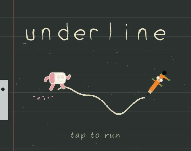 Animated underline title screen: the eraser chasing the pencil across dark lined paper, with tap to run