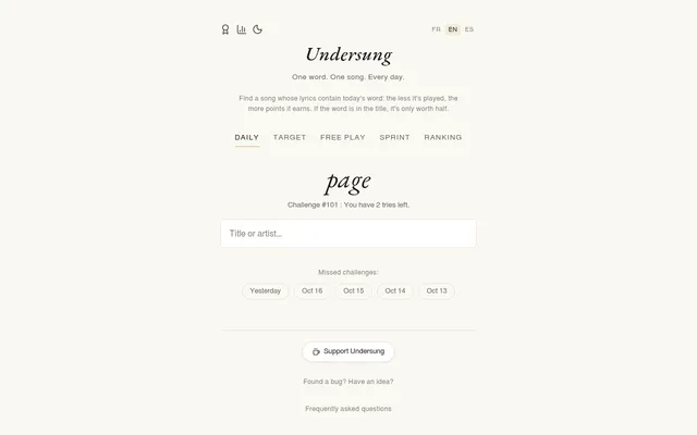 Undersung challenge #101 in English on a desktop: today's word, page, above the song search box and the five missed challenges