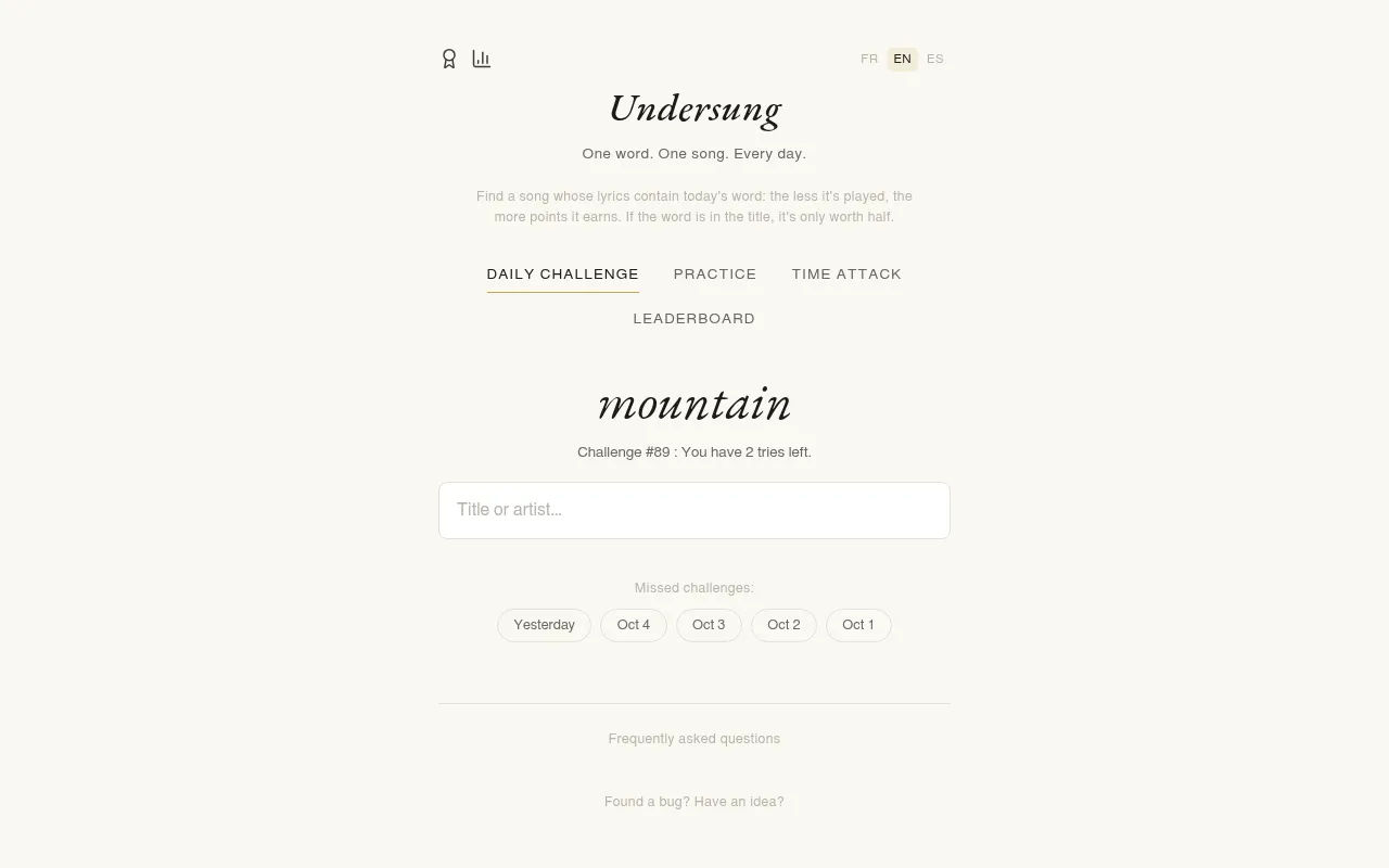 Undersung challenge #89 in English: the day's word, mountain, above a song search box and recent missed challenges