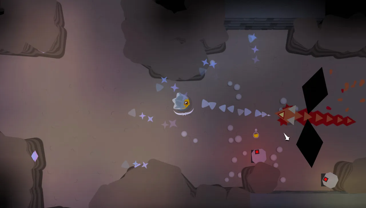 Unexplored: a fight in a dim cave, the hero dodging a stream of projectiles from a red enemy with black wings