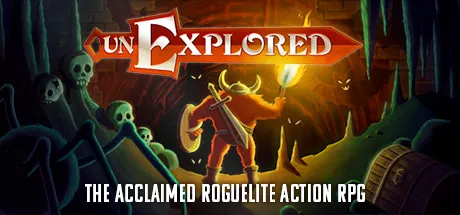 Unexplored key art from its Steam page: a horned warrior with a torch and shield facing glowing eyes in a cave of skulls