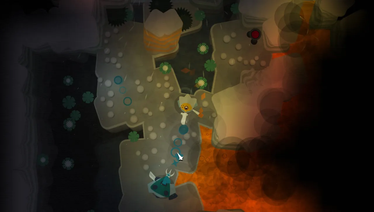 Unexplored: the hero walks a path through a cave beside glowing orange lava while a horned creature lurks below