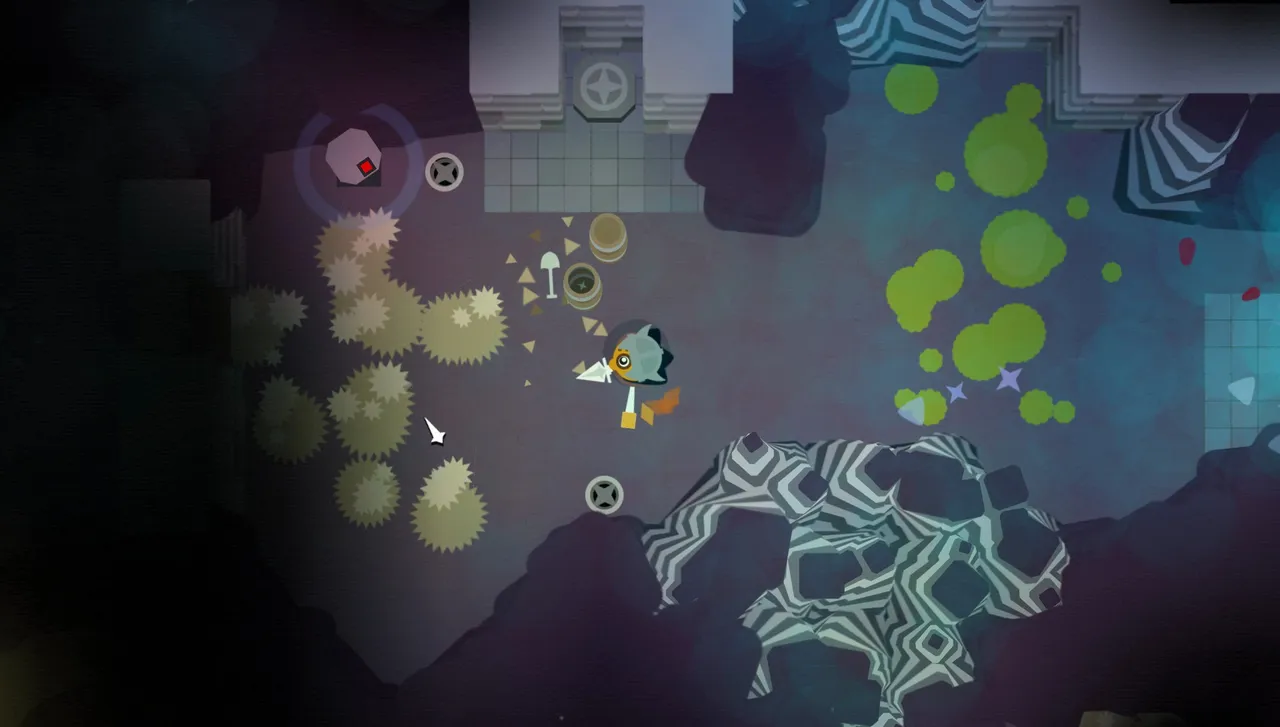 Unexplored gameplay seen from above: the hero in a dark dungeon room with spiky plants, green slime puddles and striped rock