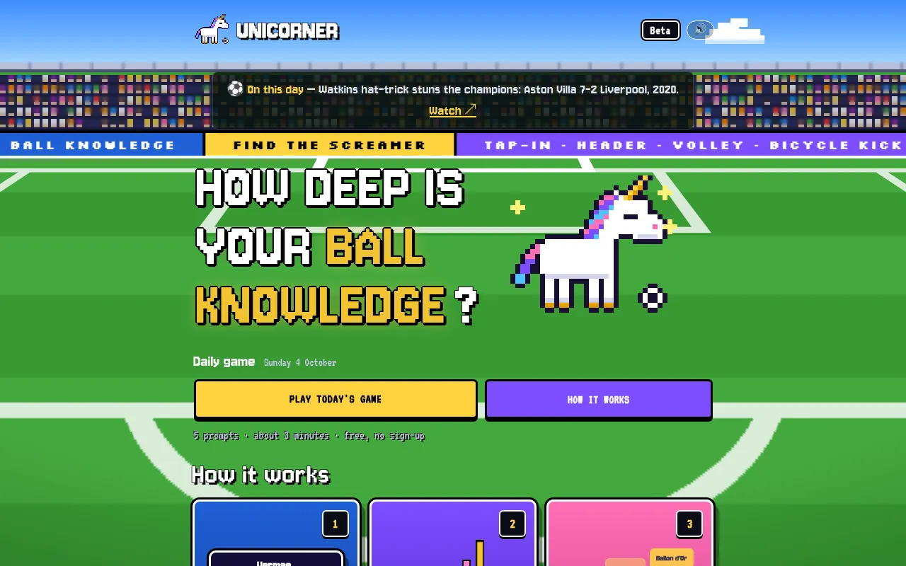 Unicorner home page: the pixel unicorn beside How deep is your ball knowledge, with Sunday 4 October's daily game and a Play today's game button