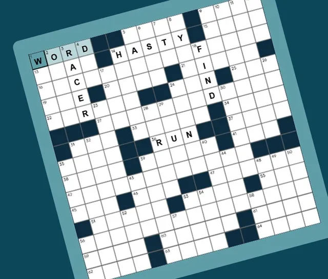 Universal Crossword press art: a full American-style crossword grid on a tablet with the words WORD, HASTY and RUN filled in