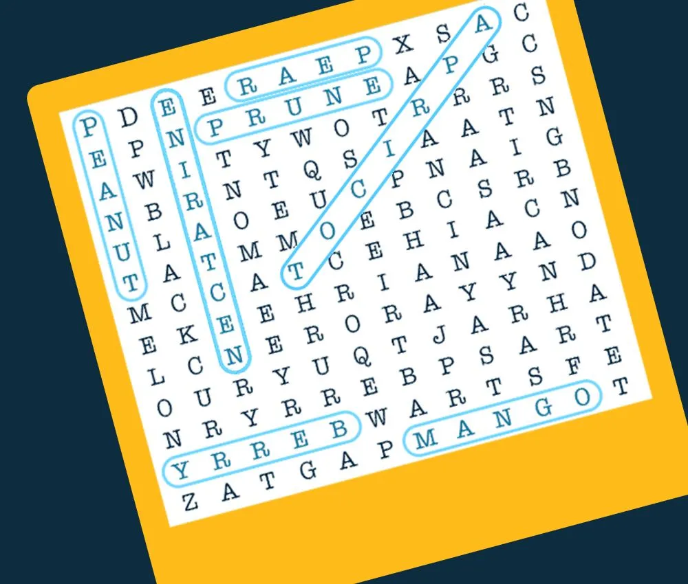 Universal Word Search press art: a letter grid with fruit names such as PRUNE and MANGO looped in blue