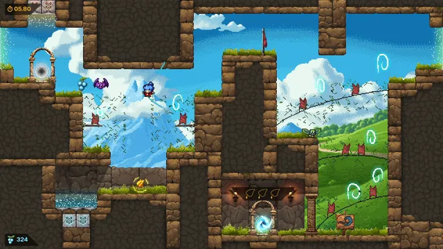Unless gameplay: Mari leaps across a grassy pixel-art level with stone walls, a speedrun timer at 05.80 and a berry count in the corners