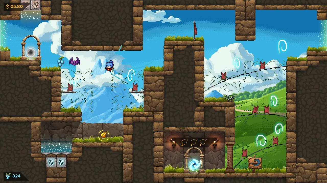 Unless gameplay: Mari leaps across a grassy pixel-art level with stone walls, a speedrun timer at 05.80 and a berry count in the corners