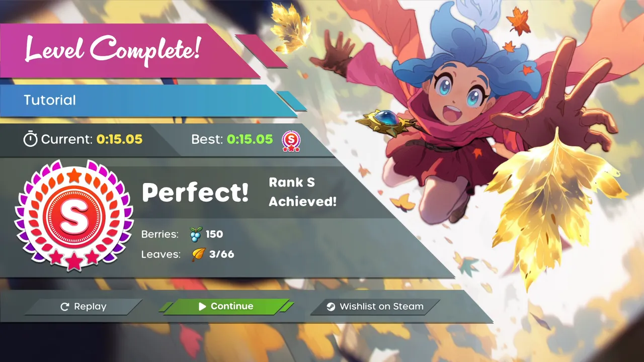 Unless level complete screen showing a time of 0:15.05, an S rank, berries and leaves collected