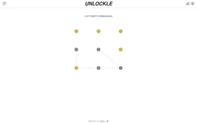 The Unlockle board on 27 October 2026 after two attempts: the top row, right-middle and bottom-left dots in yellow, the other four grey, with four attempts remaining