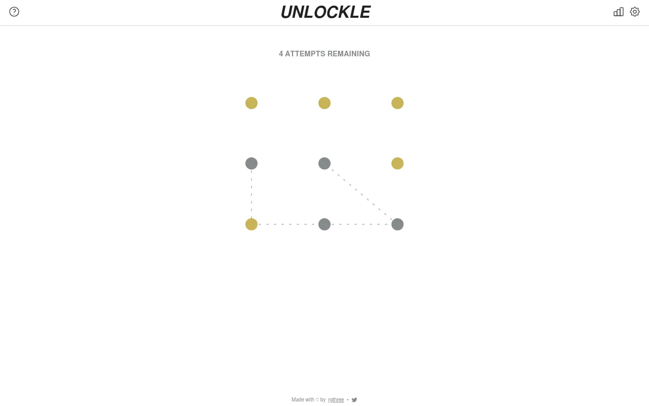 The Unlockle board on 27 October 2026 after two attempts: the top row, right-middle and bottom-left dots in yellow, the other four grey, with four attempts remaining