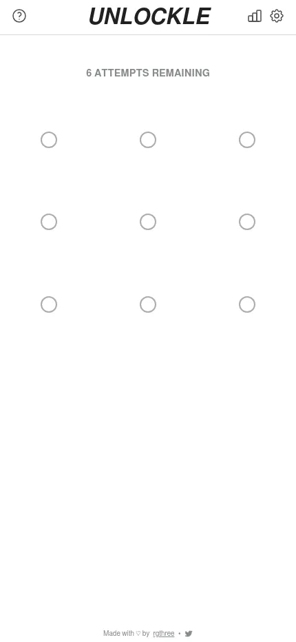 Unlockle at phone size: the empty 3x3 grid of dots with six attempts remaining