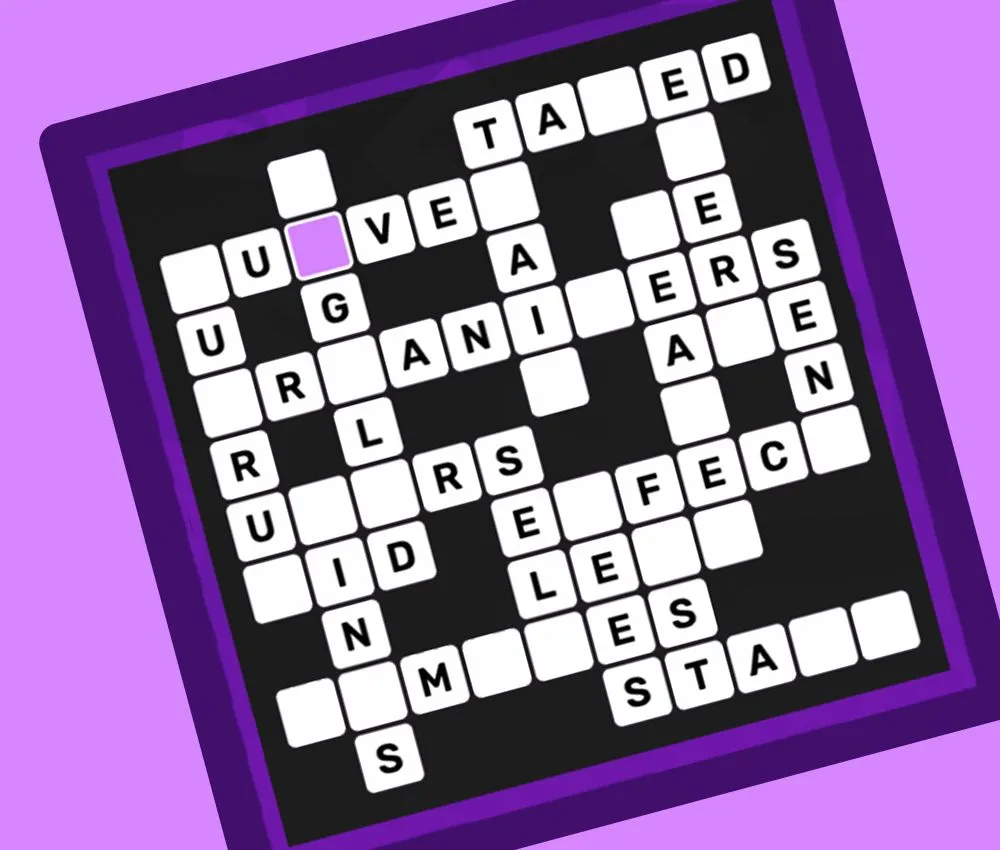 Unolingo press art: a clueless crossword-style grid being filled with letters, one square highlighted