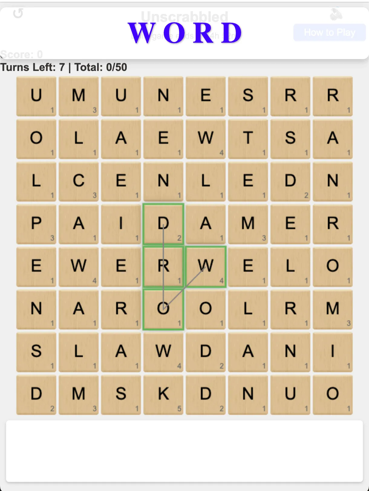 Unscrabbled 8x8 board of Scrabble-style tiles with the word WORD being traced