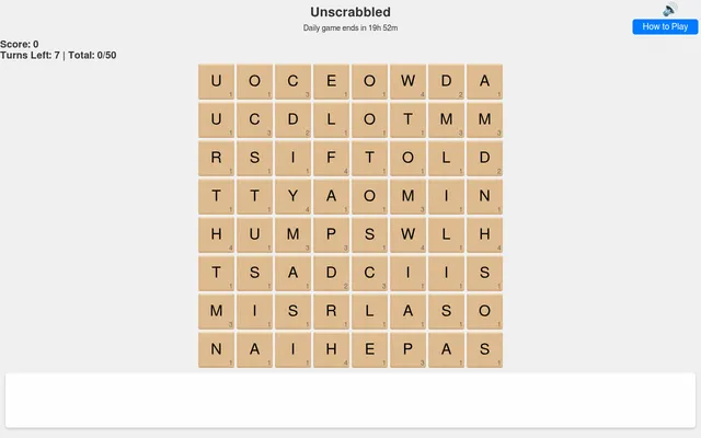 Today's Unscrabbled board: an 8x8 grid of wooden Scrabble tiles with letter values, 7 turns left and the countdown to the next daily game