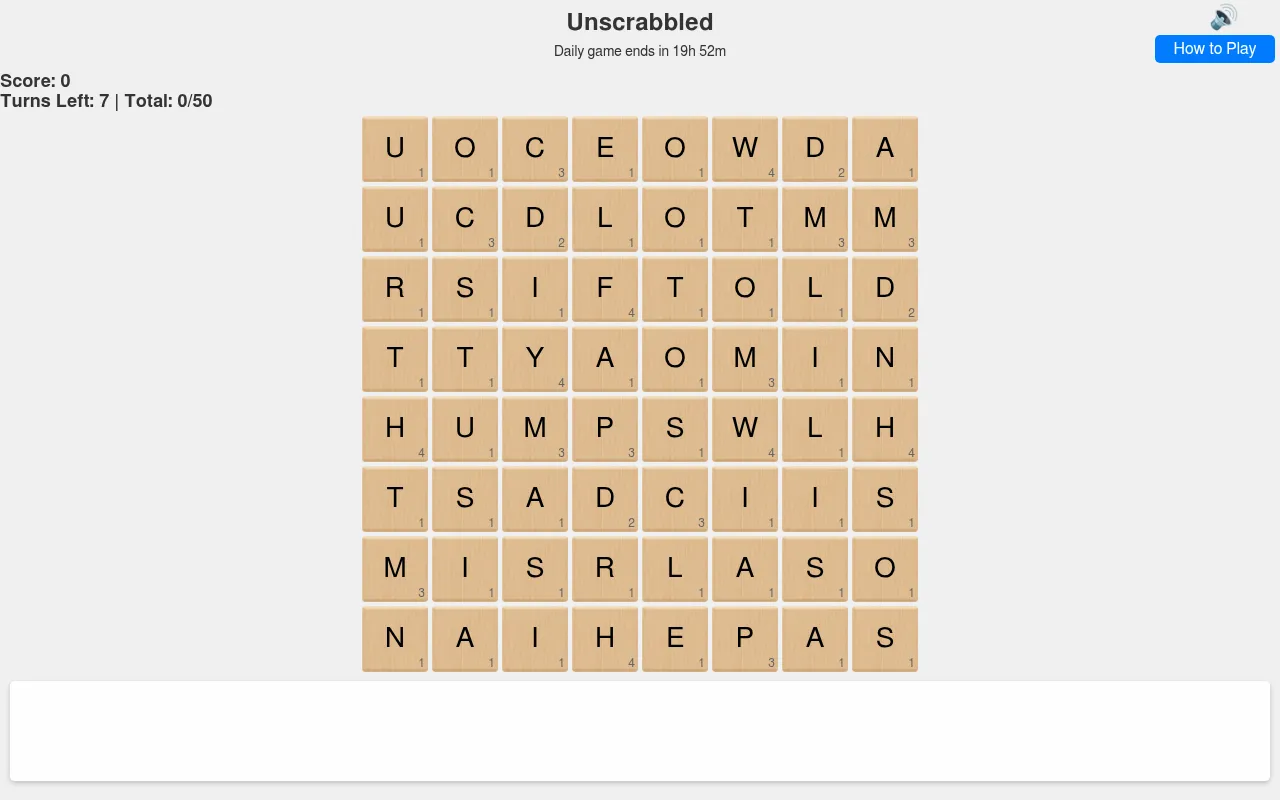 Today's Unscrabbled board: an 8x8 grid of wooden Scrabble tiles with letter values, 7 turns left and the countdown to the next daily game