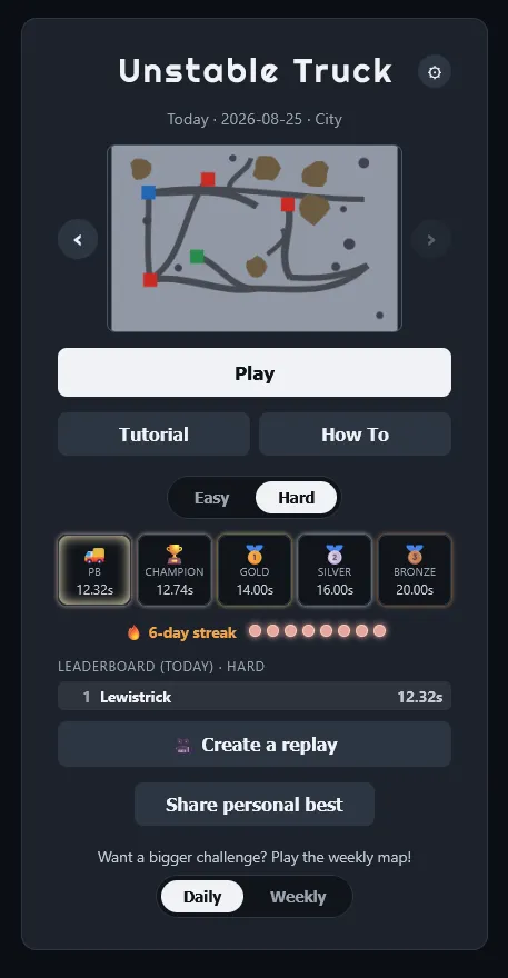 The Unstable Truck home screen for 2026-08-25, City: minimap of the day's track, Easy and Hard toggle, medal times, streak and today's leaderboard