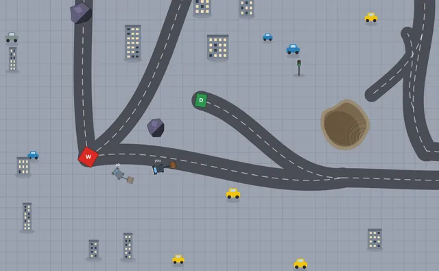 Unstable Truck on a city map: the player's truck and a personal-best ghost truck near a warehouse, with the drop-off, rocks and a mud patch nearby