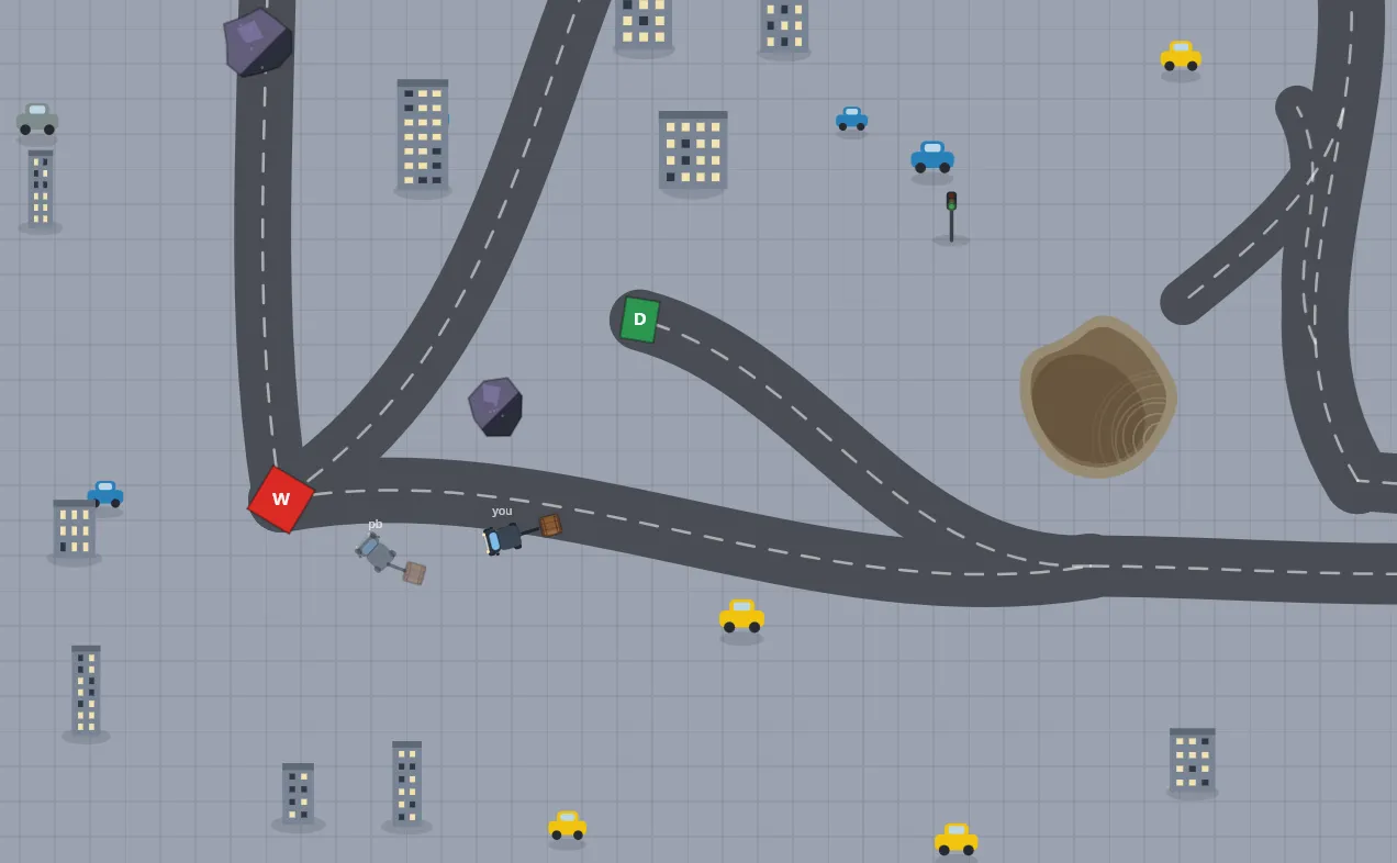 Unstable Truck on a city map: the player's truck and a personal-best ghost truck near a warehouse, with the drop-off, rocks and a mud patch nearby