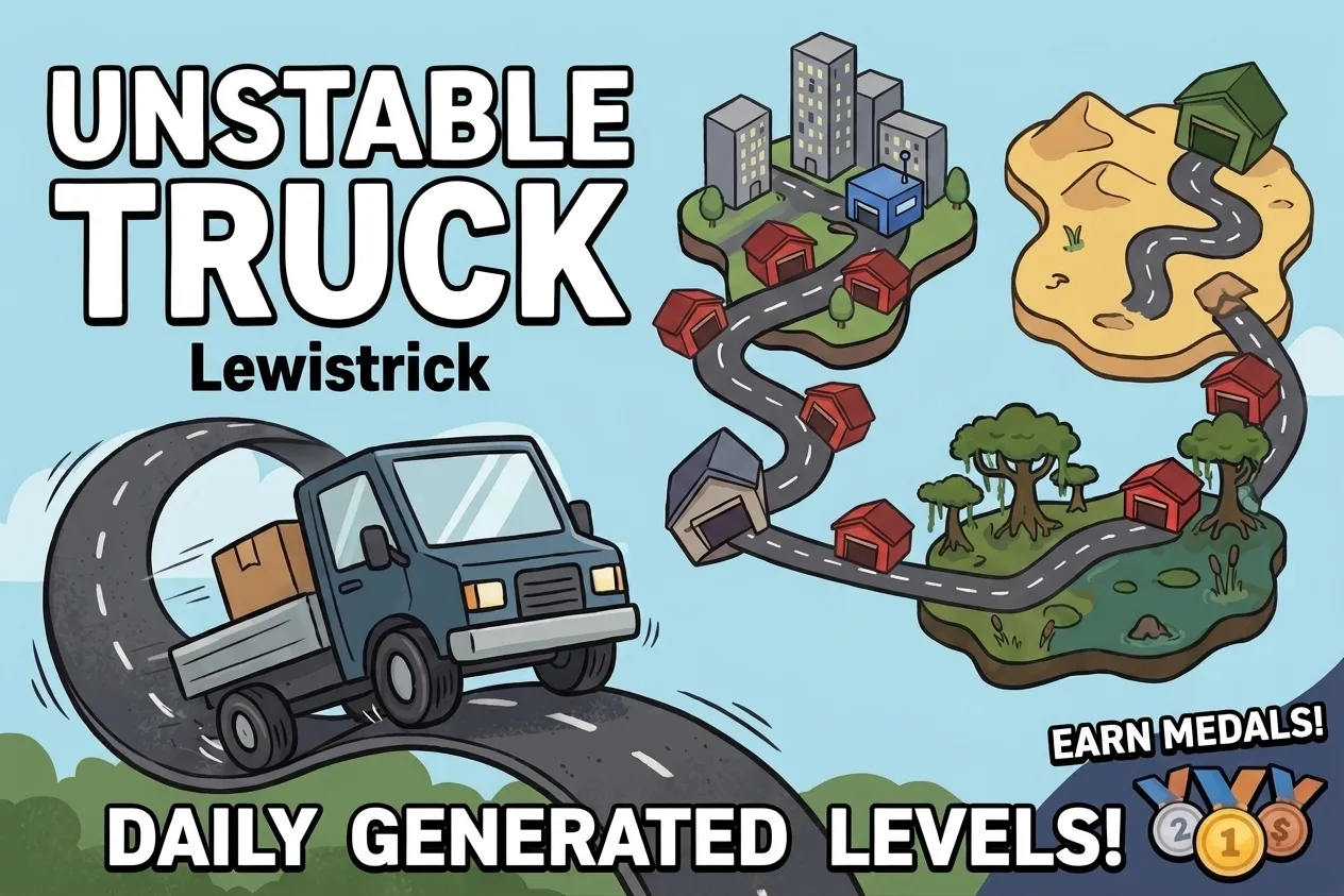 Unstable Truck cover art: a truck with a parcel on a looping road beside floating islands linked by roads to warehouses, with the words Daily generated levels and Earn medals