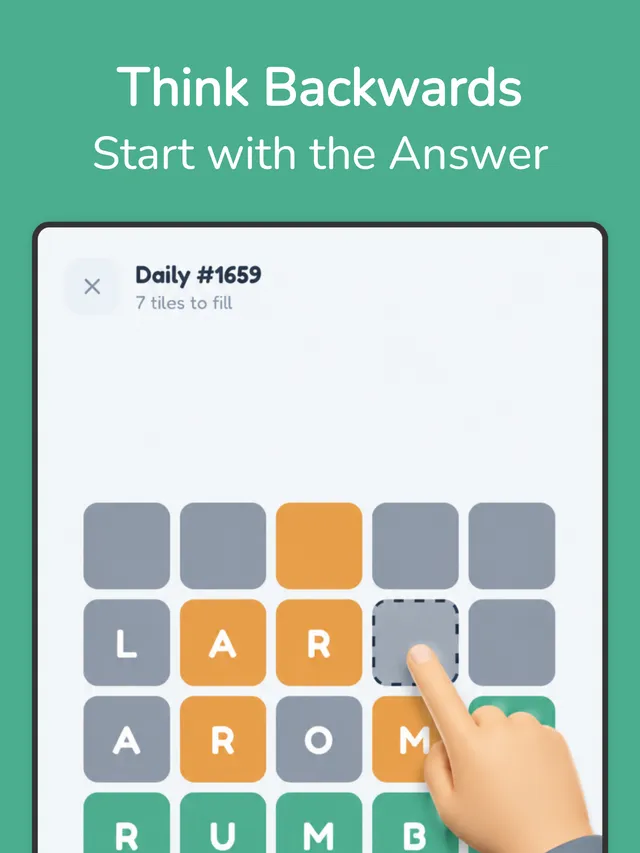 BackWord daily puzzle with coloured Wordle rows and some letters filled in above the answer row