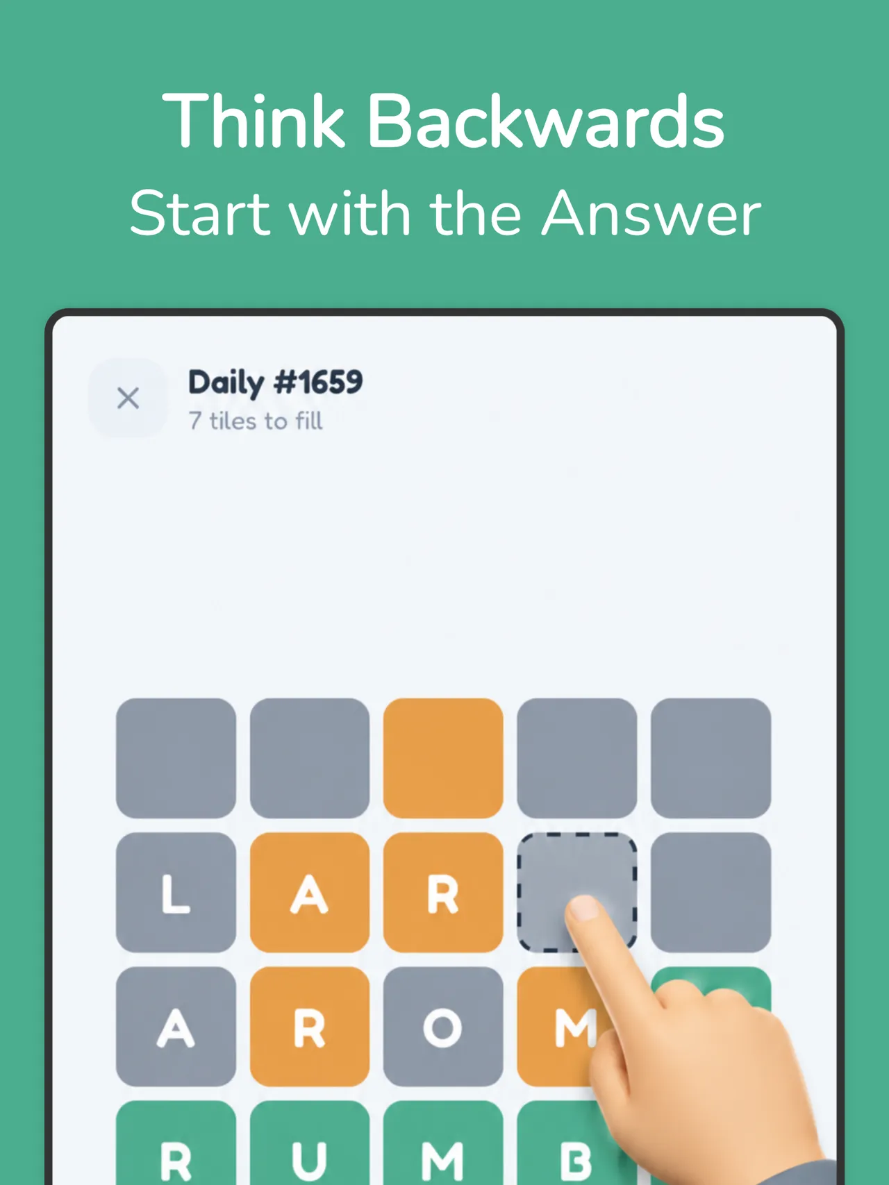 BackWord daily puzzle with coloured Wordle rows and some letters filled in above the answer row