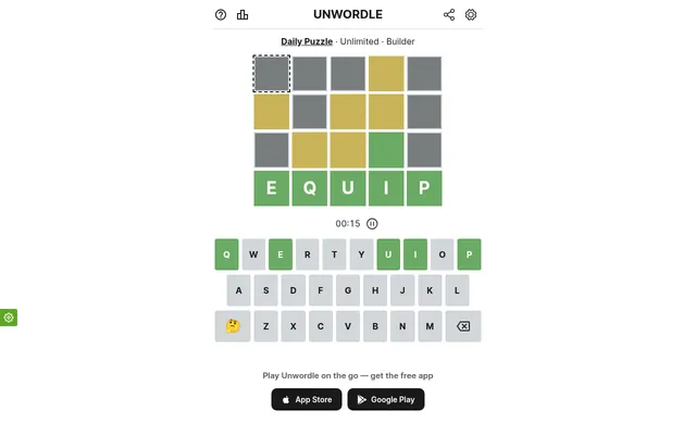 Today's UnWordle daily grid on desktop: three rows of grey, yellow and green tiles above the answer EQUIP, with the timer and keyboard below